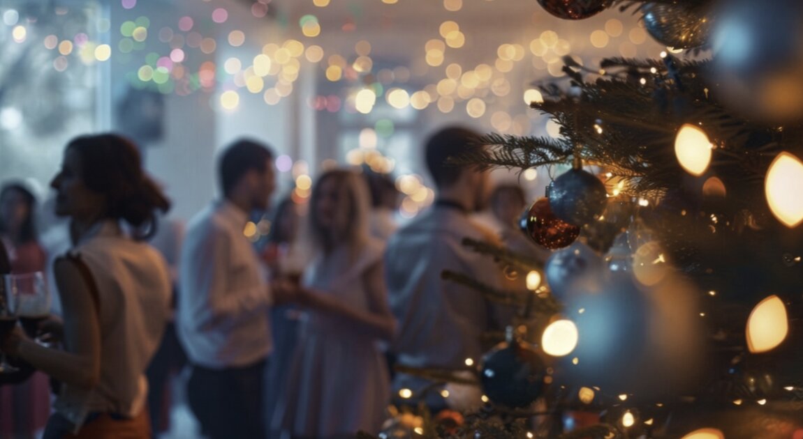 Guests celebrating beside a decorated Christmas tree and colorful festive lights